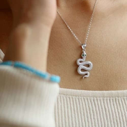 18K White Gold Over Silver CZ Emerald Snake Charm Pendant 1.4"
