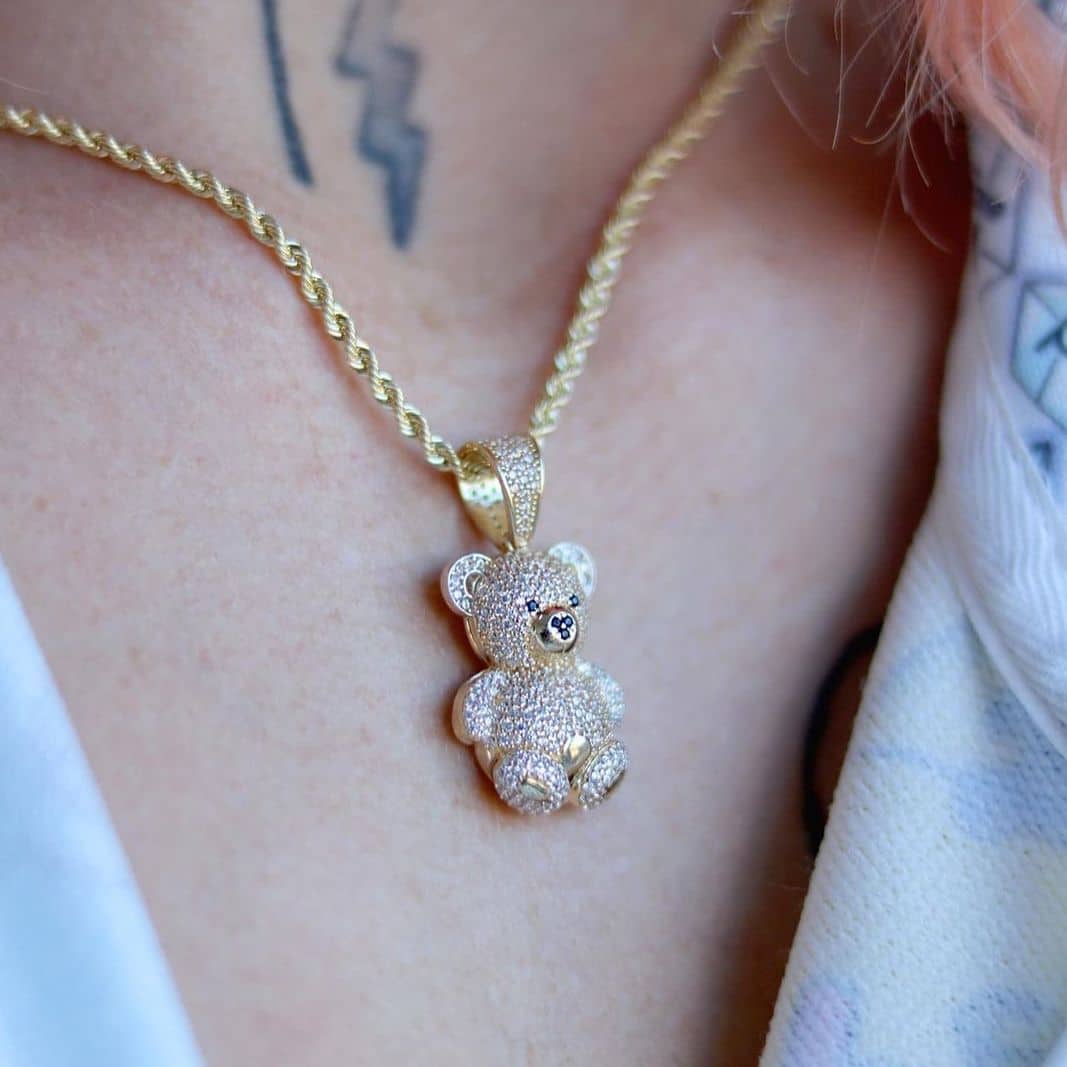 14K Yellow Gold CZ Pave Puffed Teddy Bear Pendant 1.3"-1.5"