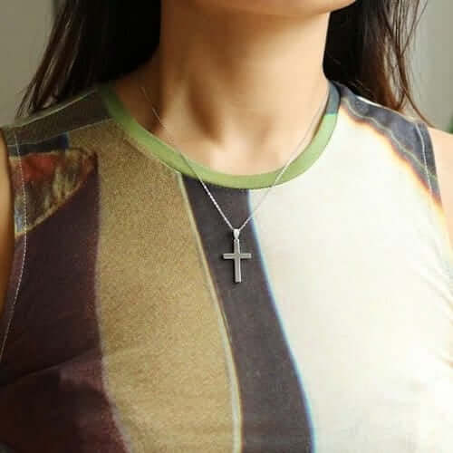 14K White Gold Religious Cross Pendant 1.2"