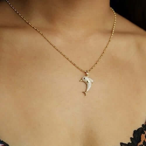14K Yellow Gold CZ Pave Dolphin Pendant 1.2"