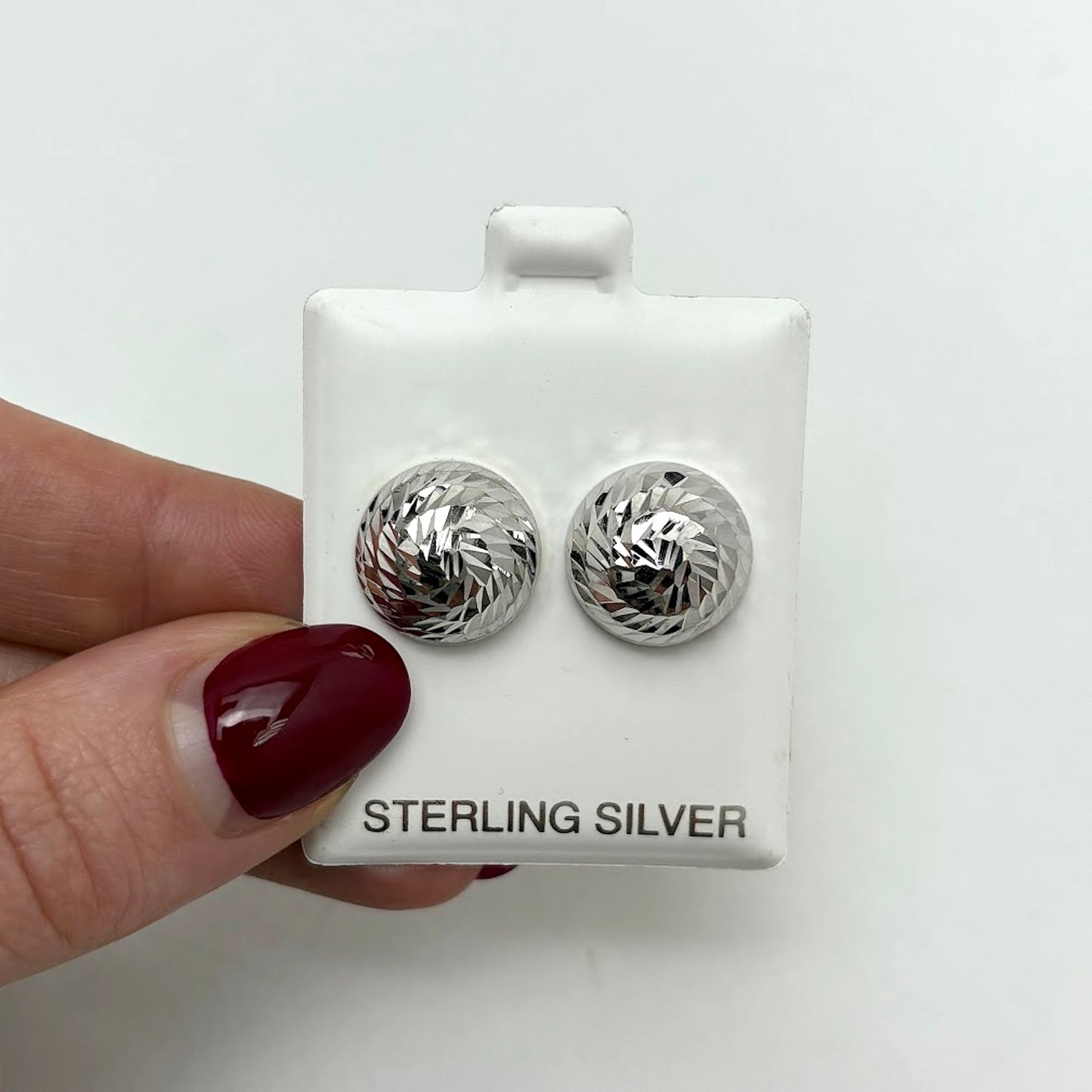 925 Sterling Silver Textured Diamond Cut Dome Stud Earrings 14mm