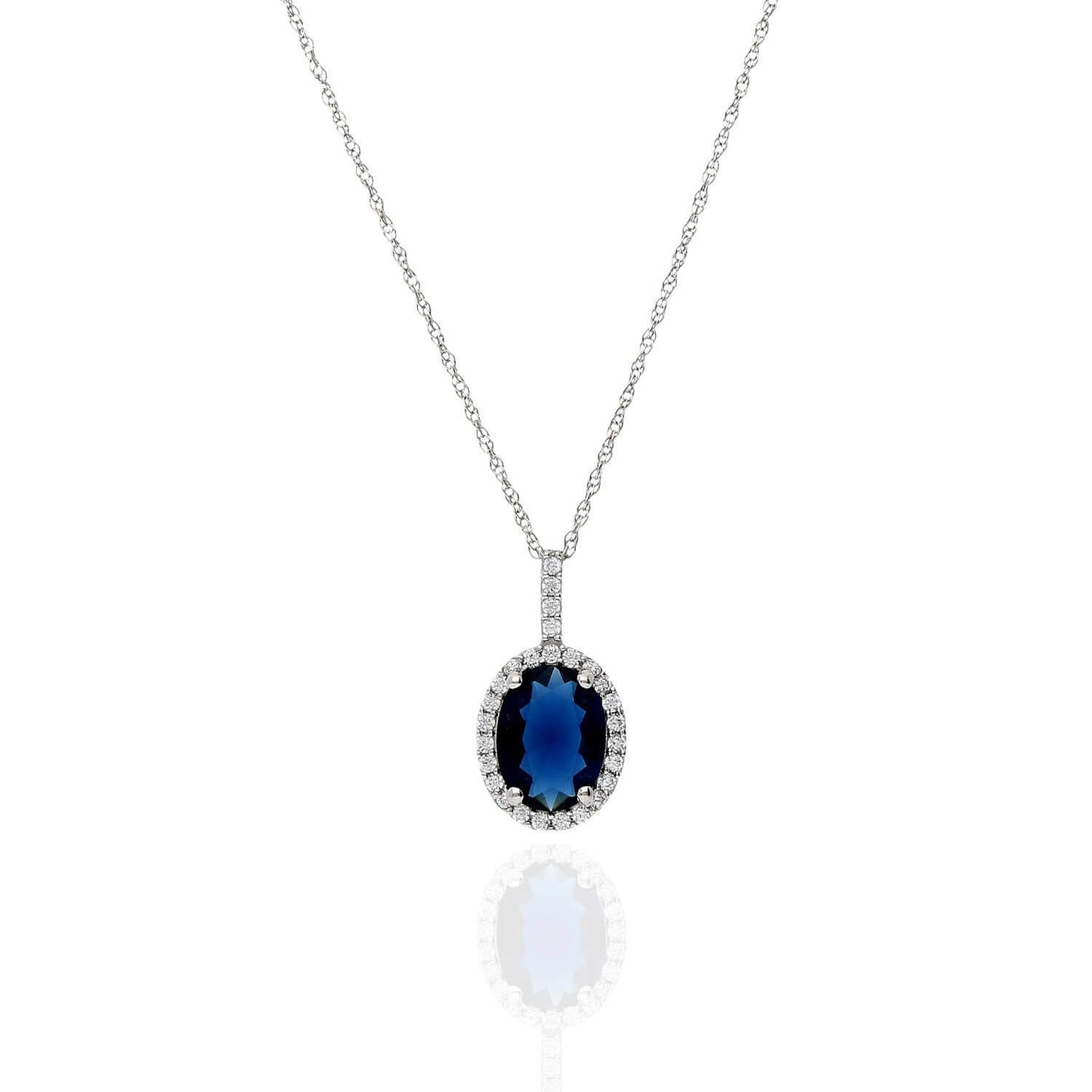 1.25Ct CZ Blue Sapphire Halo Pendant 14K Yellow White Gold 18"