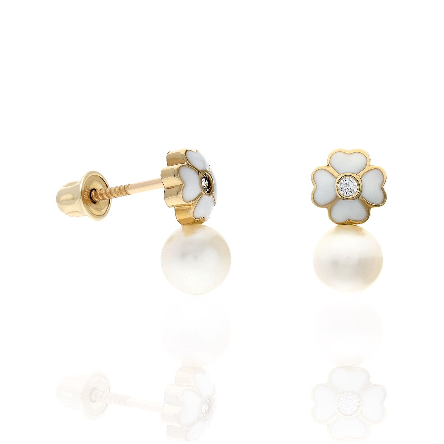 14K Yellow Gold Enameled Flower Pearl CZ Screw Back Stud Earrings