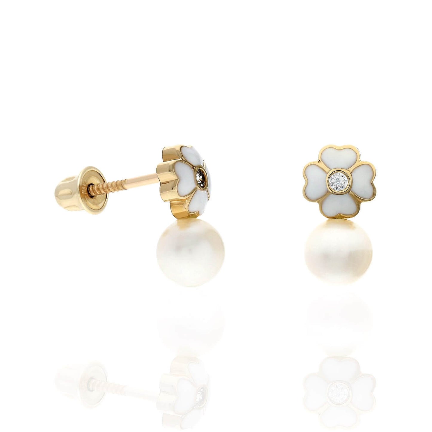14K Yellow Gold Enameled Flower Pearl CZ Screw Back Stud Earrings