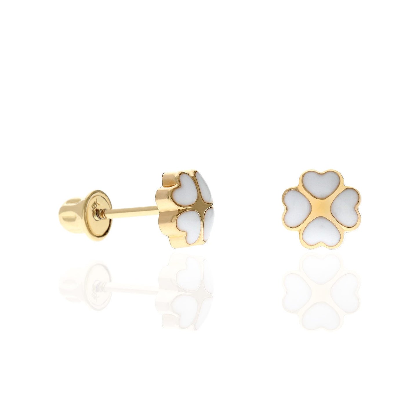 14K Solid Yellow Gold Enameled Heart Flower Kids Earrings
