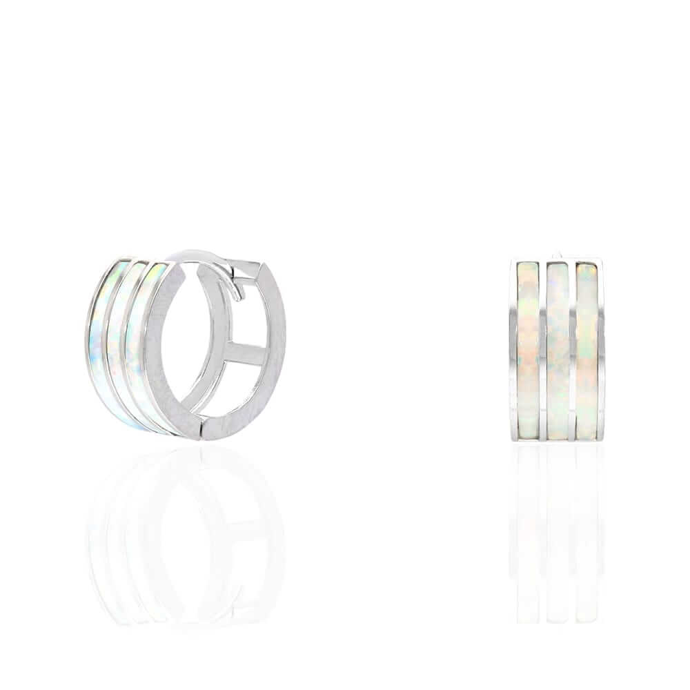925 Sterling Silver 3-Stripe Fire Opal Huggie Hoop Earrings 0.5"