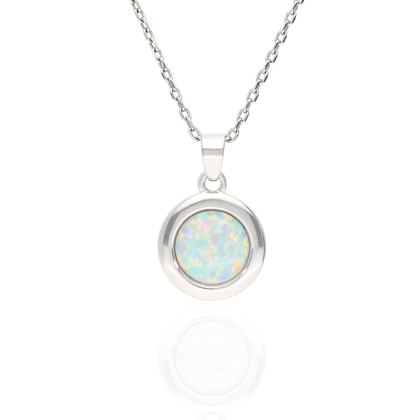 Sterling Silver Cabochon Blue Purple White Fire Opal Round Pendant Necklace 18"