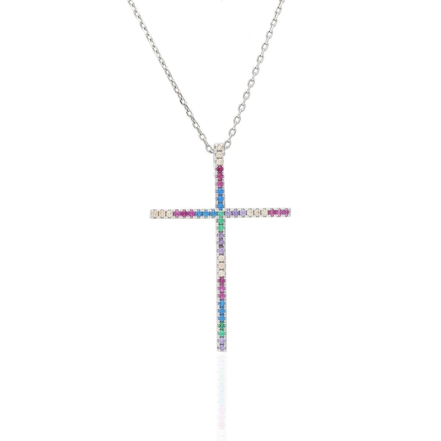Yellow White Gold Over 925 Silver Multicolor Rainbow Gemstone Cross Pendant