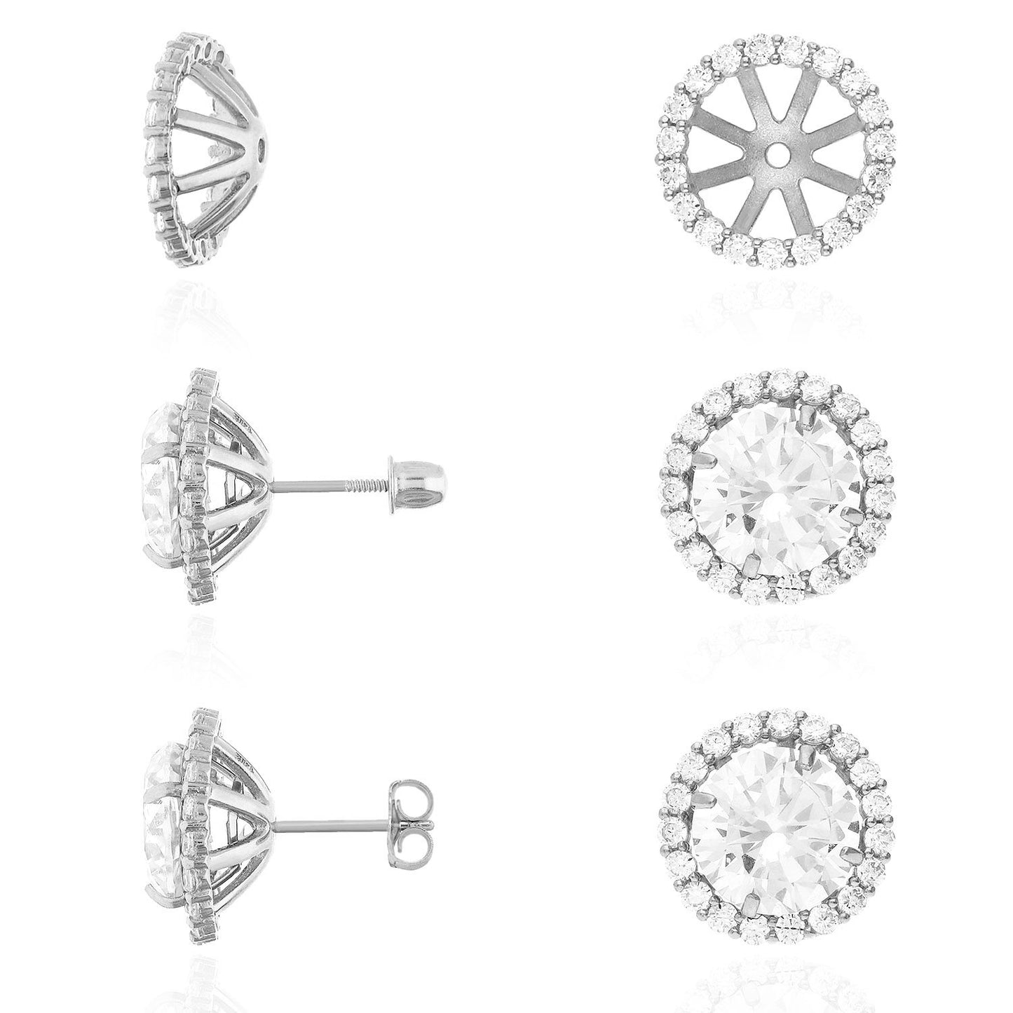 Real 14K Gold White Halo CZ Earrings Jackets And Studs