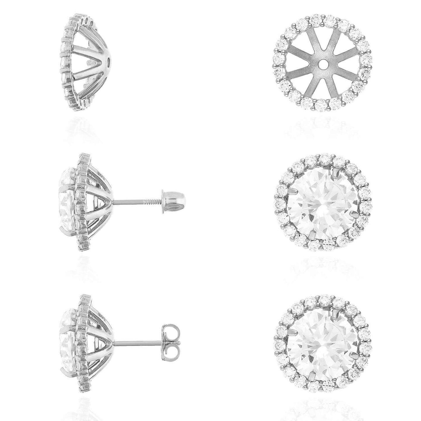 Real 14K Gold White Halo CZ Earrings Jackets And Studs