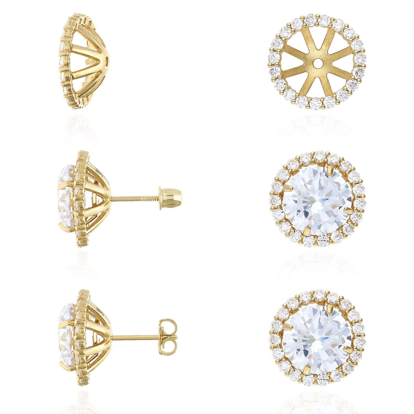 14K Real Gold CZ Halo Earring Jackets And Studs