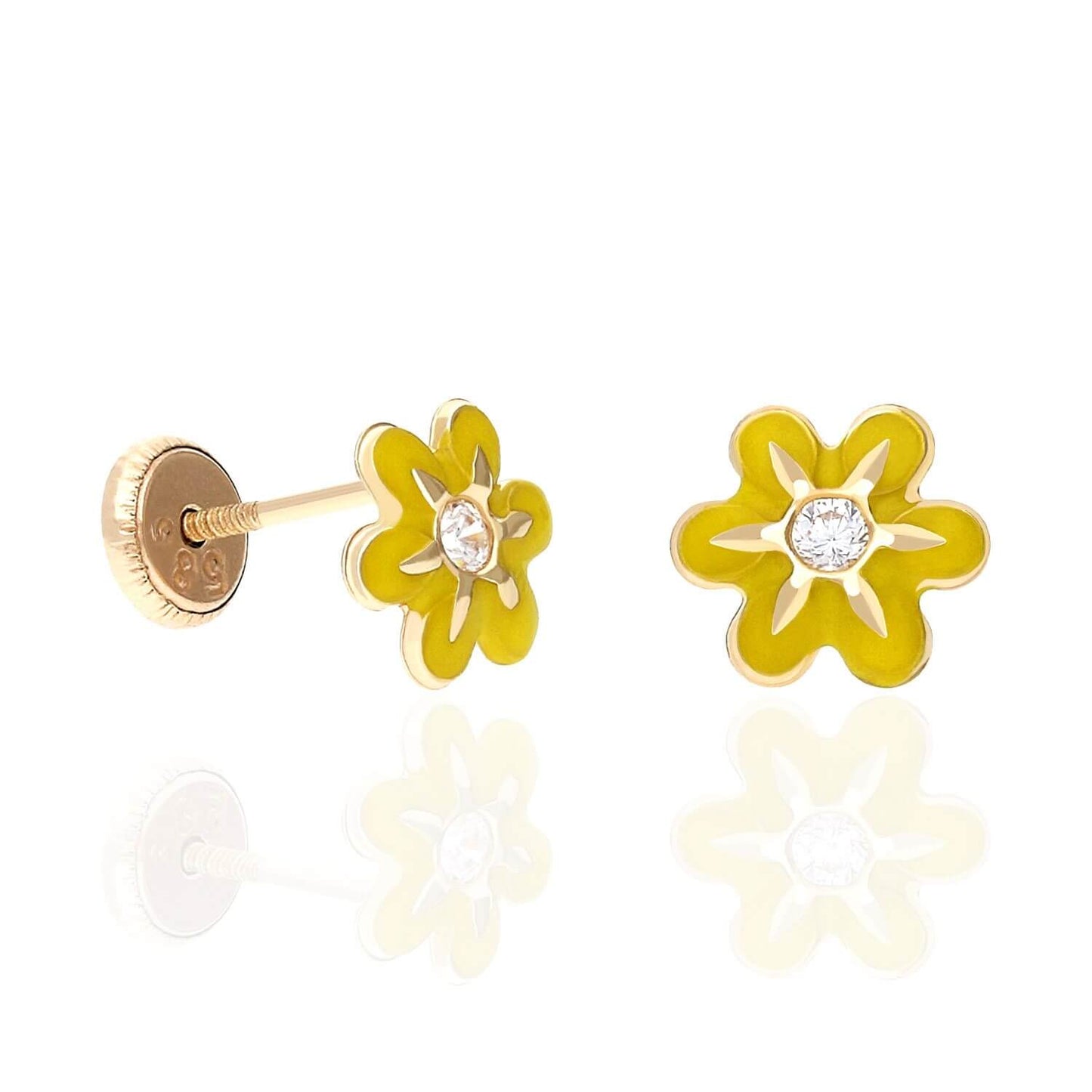 Kids 14K Gold Enamel Flower CZ Screw Back Baby Stud Earrings 7mm