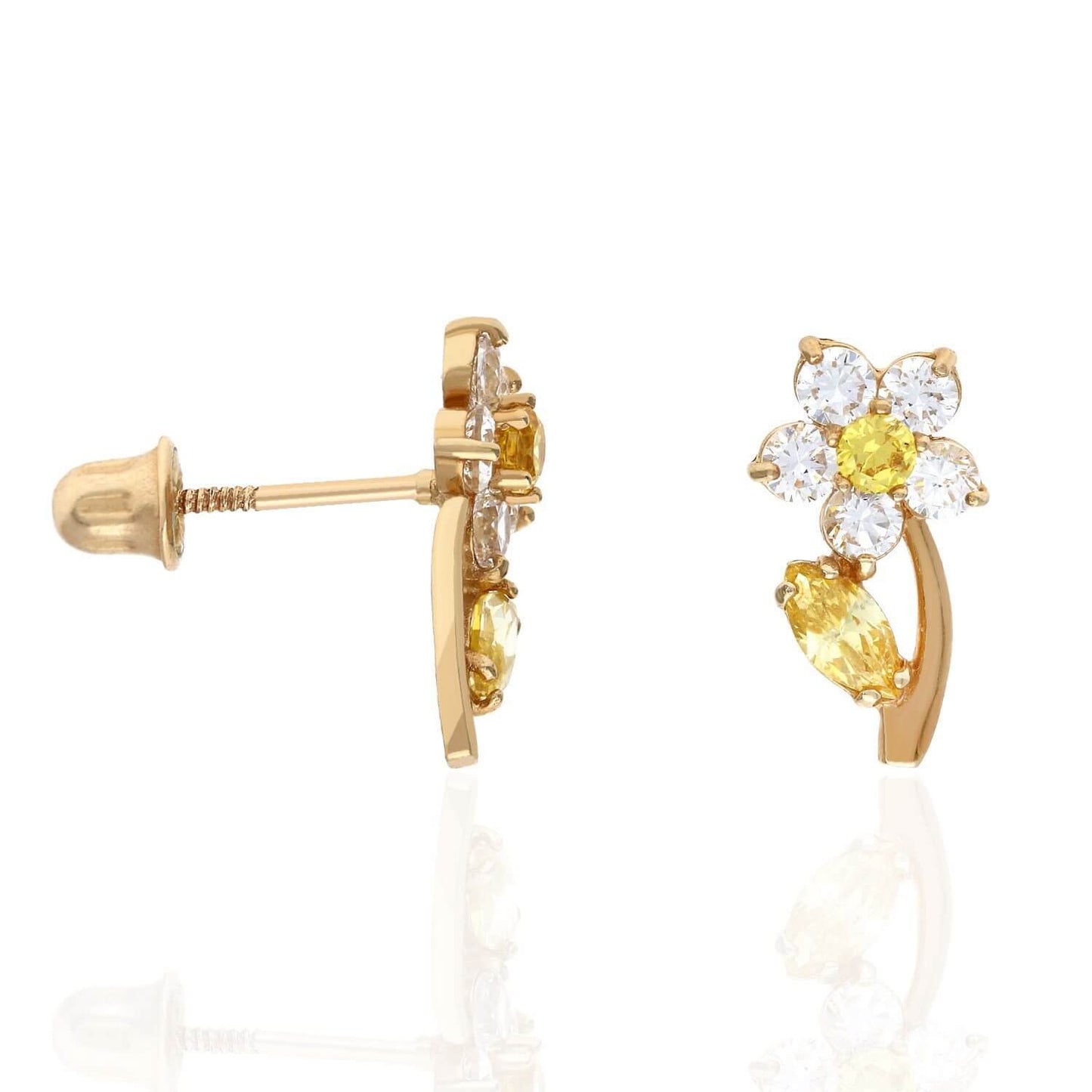 14K Yellow Gold Birthstone Flower Plant Screw Back Stud Earrings