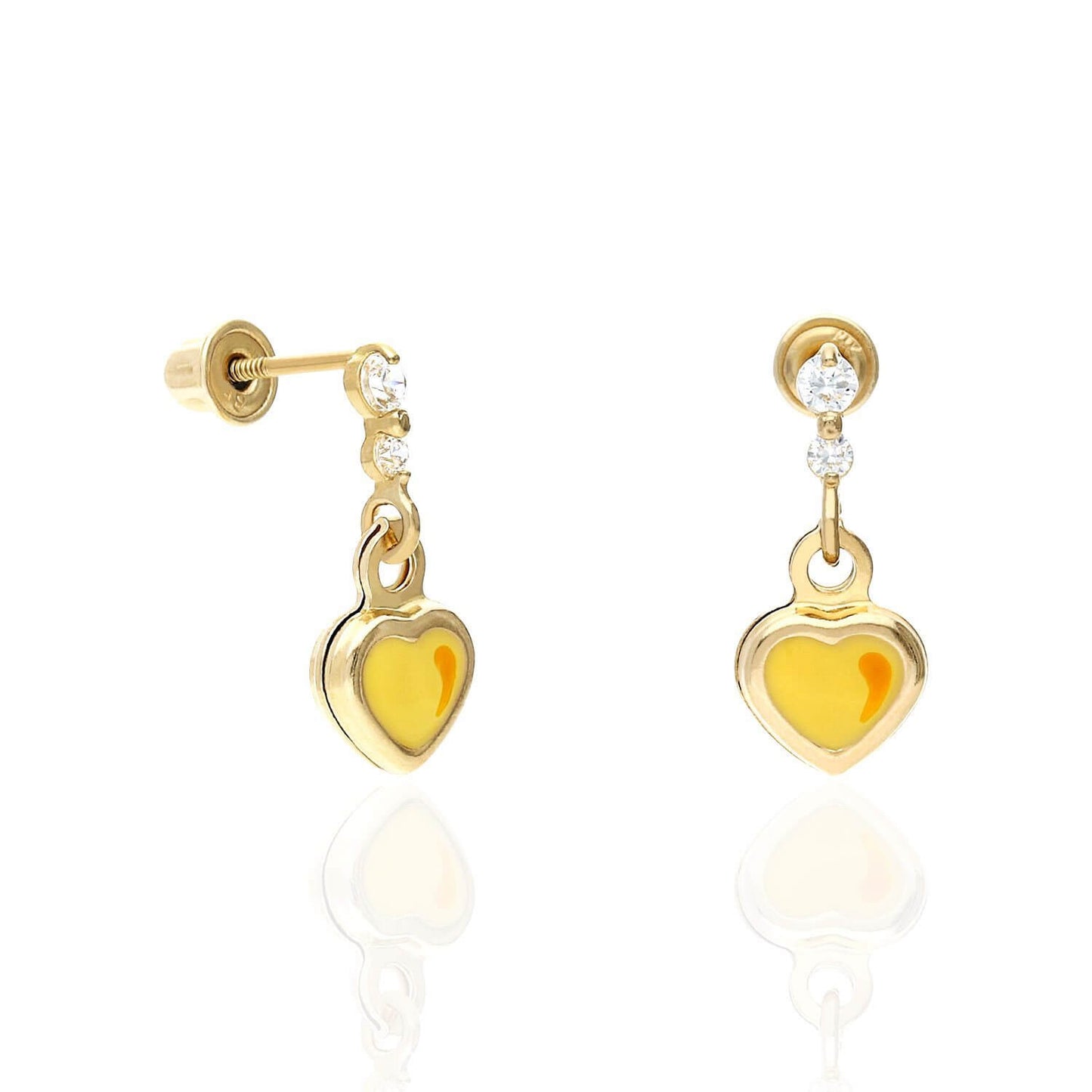 Kids 14K Yellow Gold CZ Enamel Heart Stud Earrings