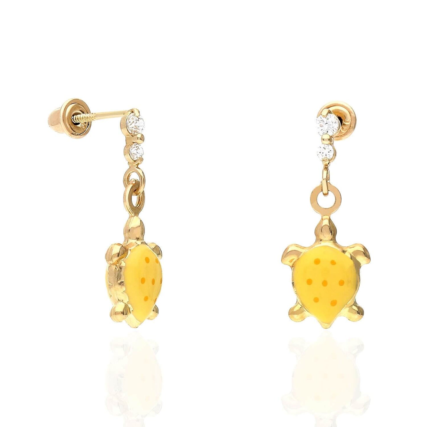 Kids 14K Gold CZ Enamel Turtle Screw Back Stud Earrings