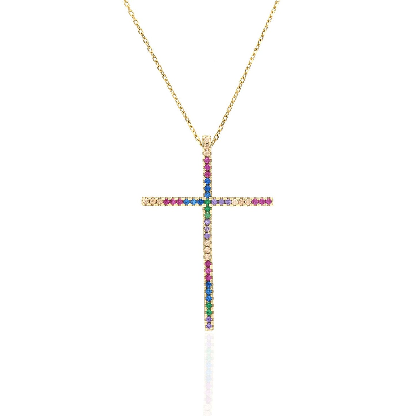 Yellow White Gold Over 925 Silver Multicolor Rainbow Gemstone Cross Pendant