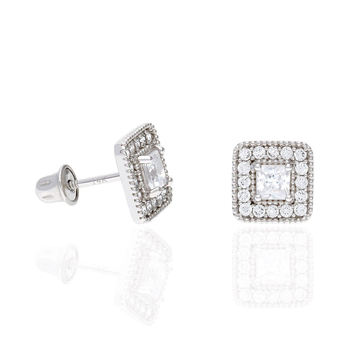 14K White Gold Square Color Gemstone Screw Back Halo Stud Earrings