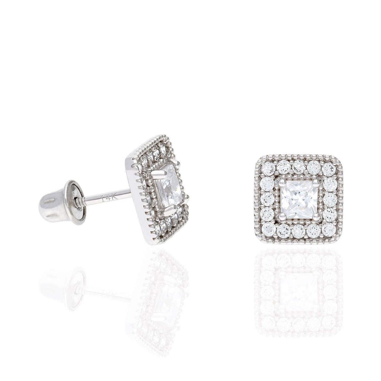 14K White Gold Square Color Gemstone Screw Back Halo Stud Earrings