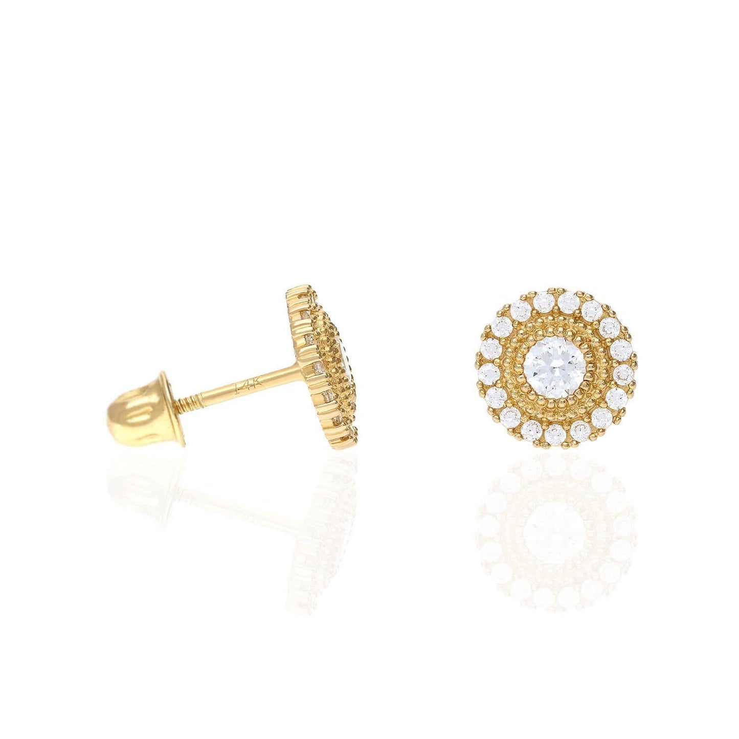 14K Yellow Gold Color Gemstone Round Halo Fancy Birthstone Screw Stud Earrings