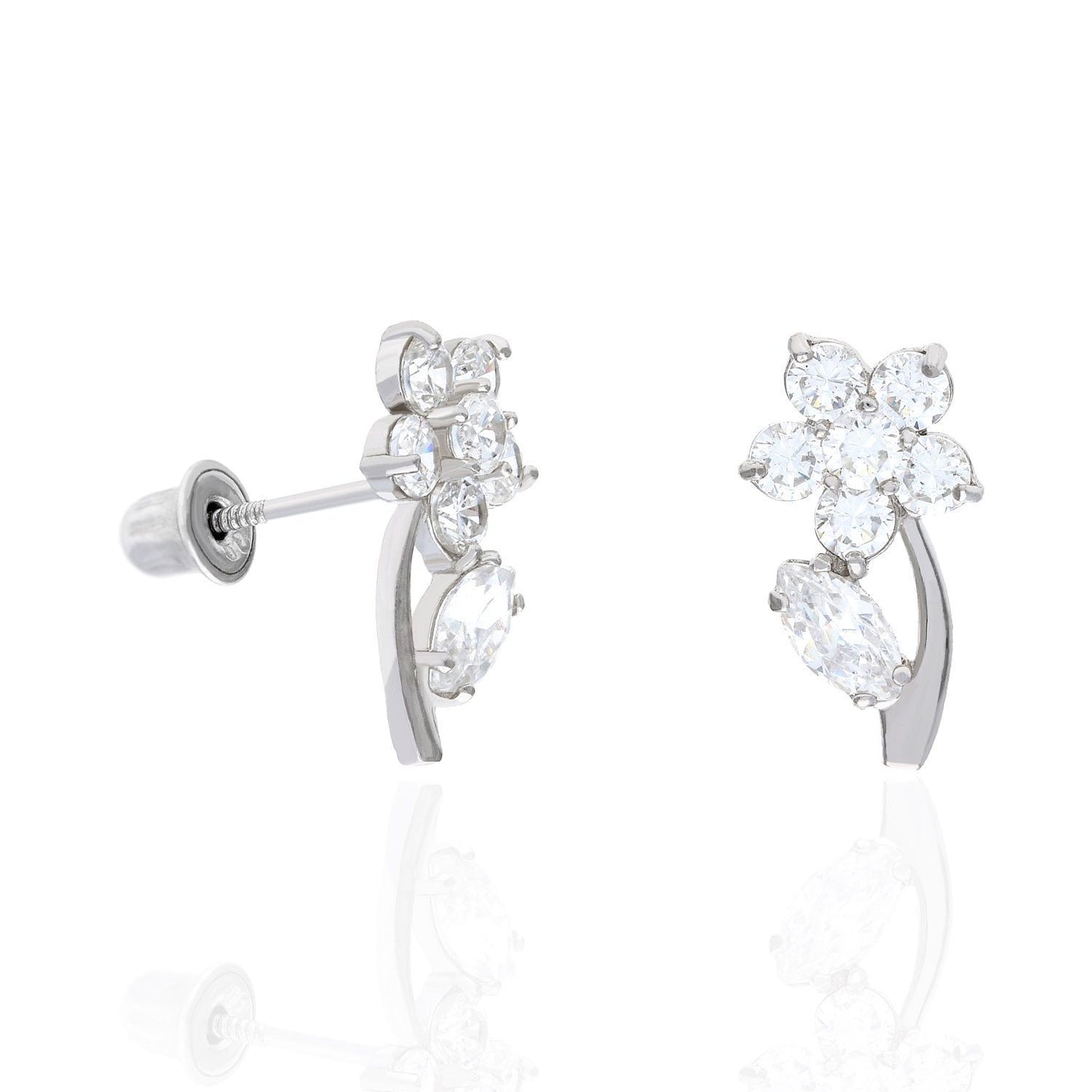 14K White Gold Color Birthstone Flower Plant Screw Back Kids Stud Earrings