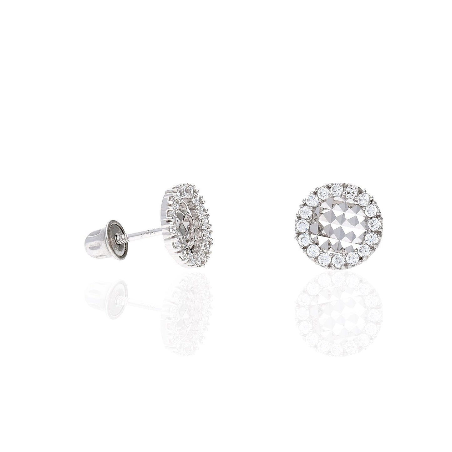 14K White Gold Diamond Cut Gemstone Round Halo 7mm Screw Back Stud Earrings