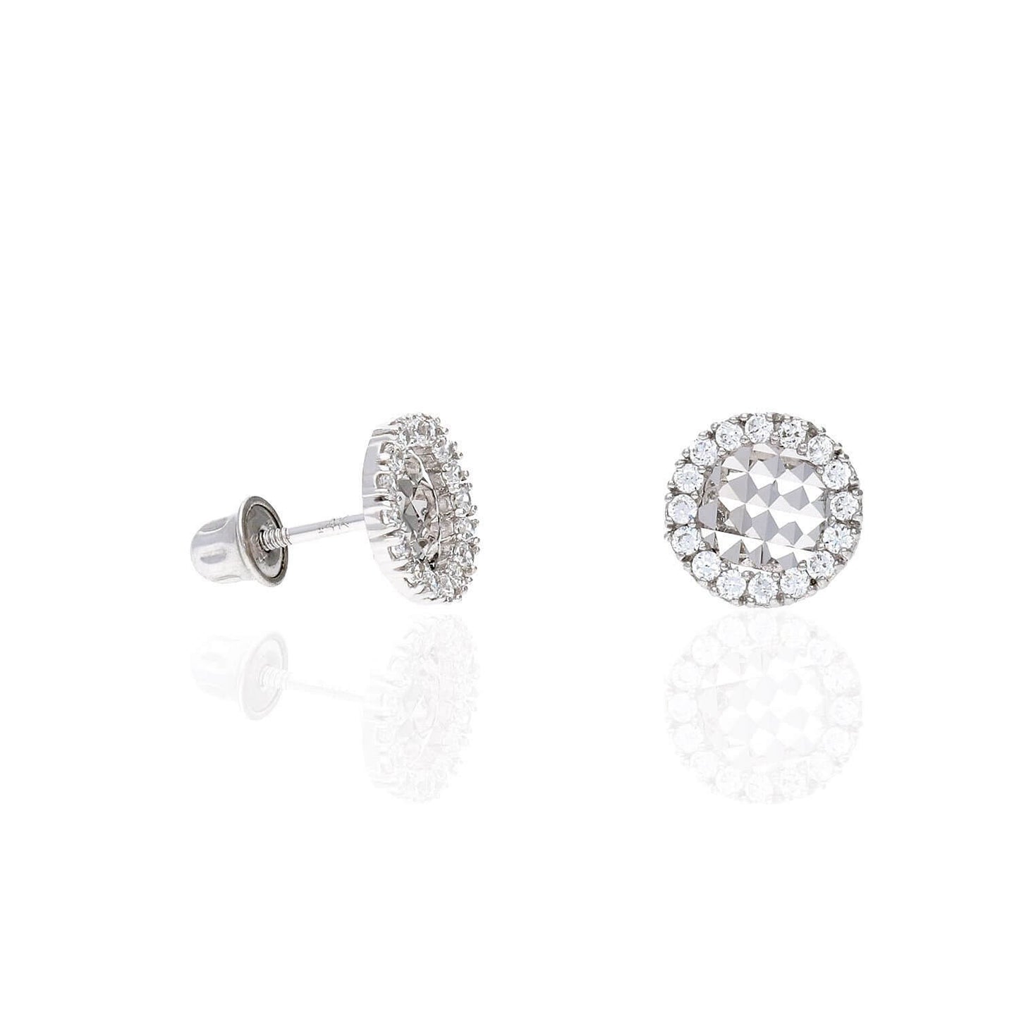 14K White Gold Diamond-Cut Gemstone Round Halo 7mm Screw Back Stud Earrings