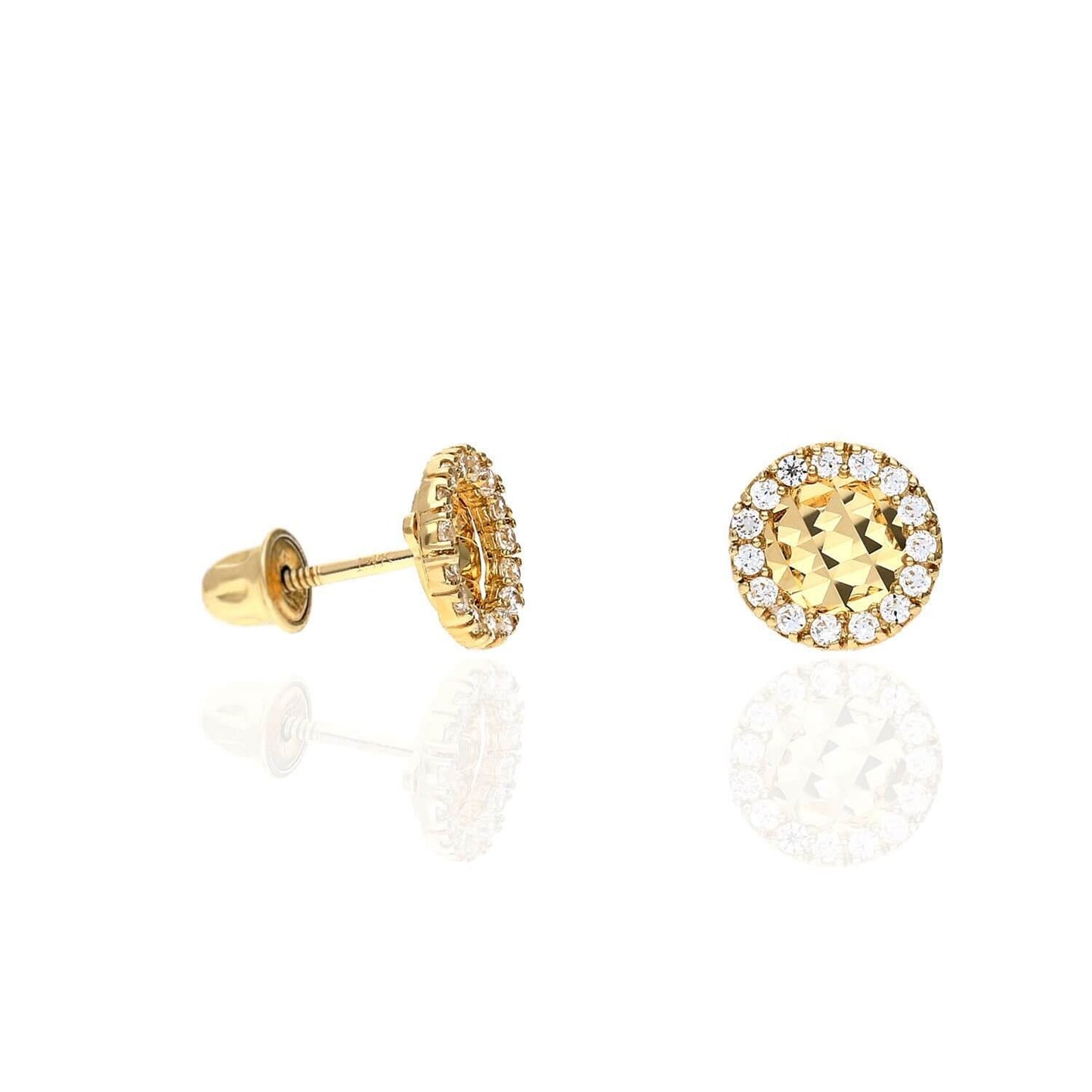 14K Yellow Gold Diamond-Cut Gemstone Round Halo 7mm Screw Back Stud Earrings
