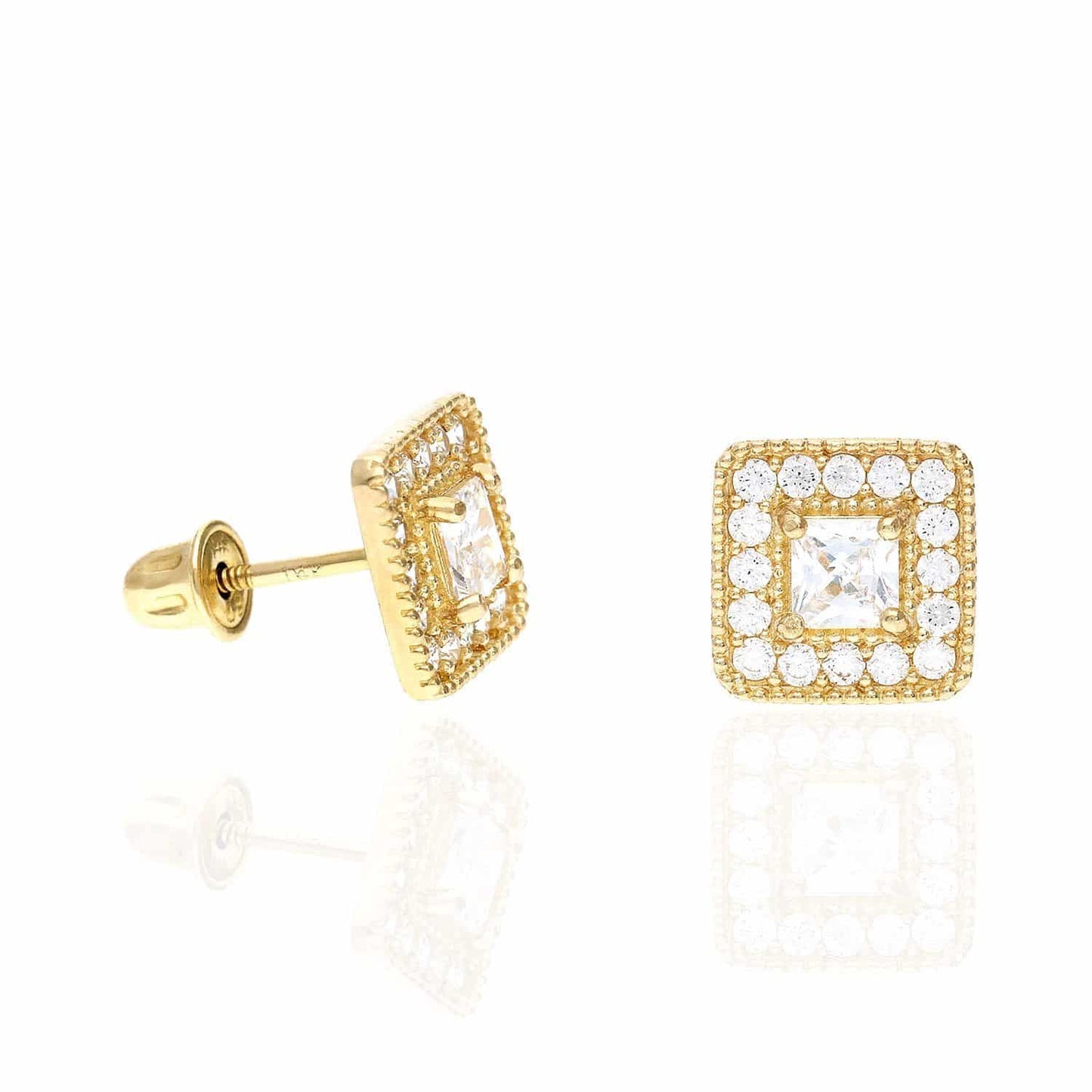 14K Yellow Gold Square Color Gemstone Screw Back Halo Stud Earrings