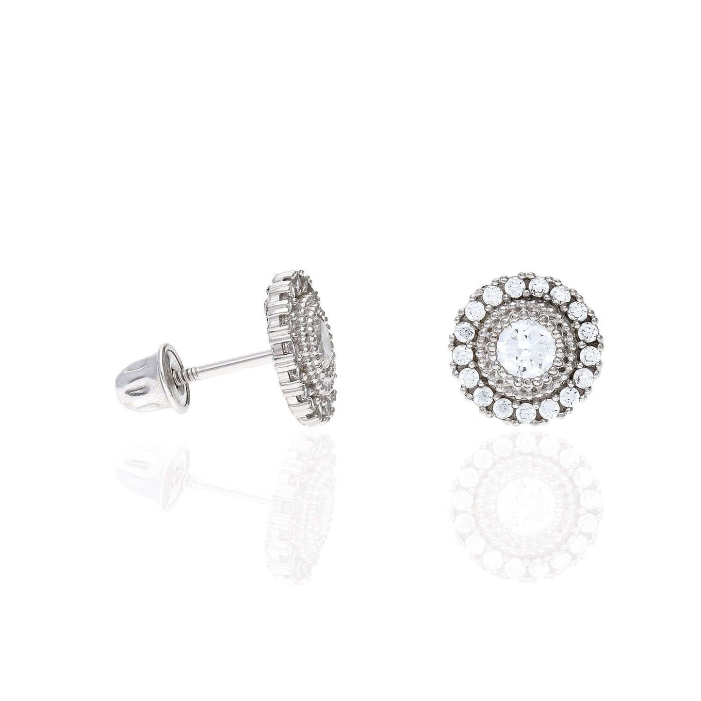 14K White Gold Color Gemstone Round Halo Fancy Birthstone Screw Stud Earrings