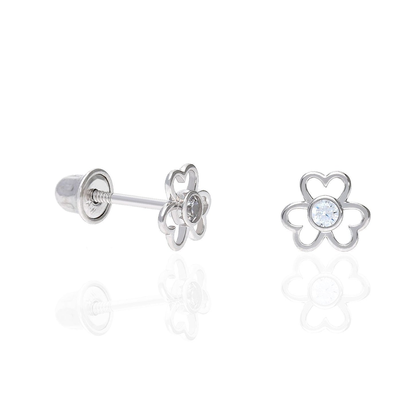 14K White Gold Open Flower Bezel Set Gemstone Kids Screw Back Stud Earrings