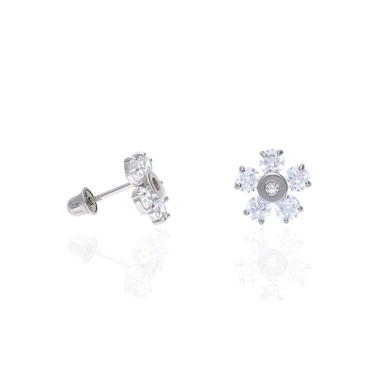 14K White Gold Color Gemstone Flower Screw Back Stud Earrings
