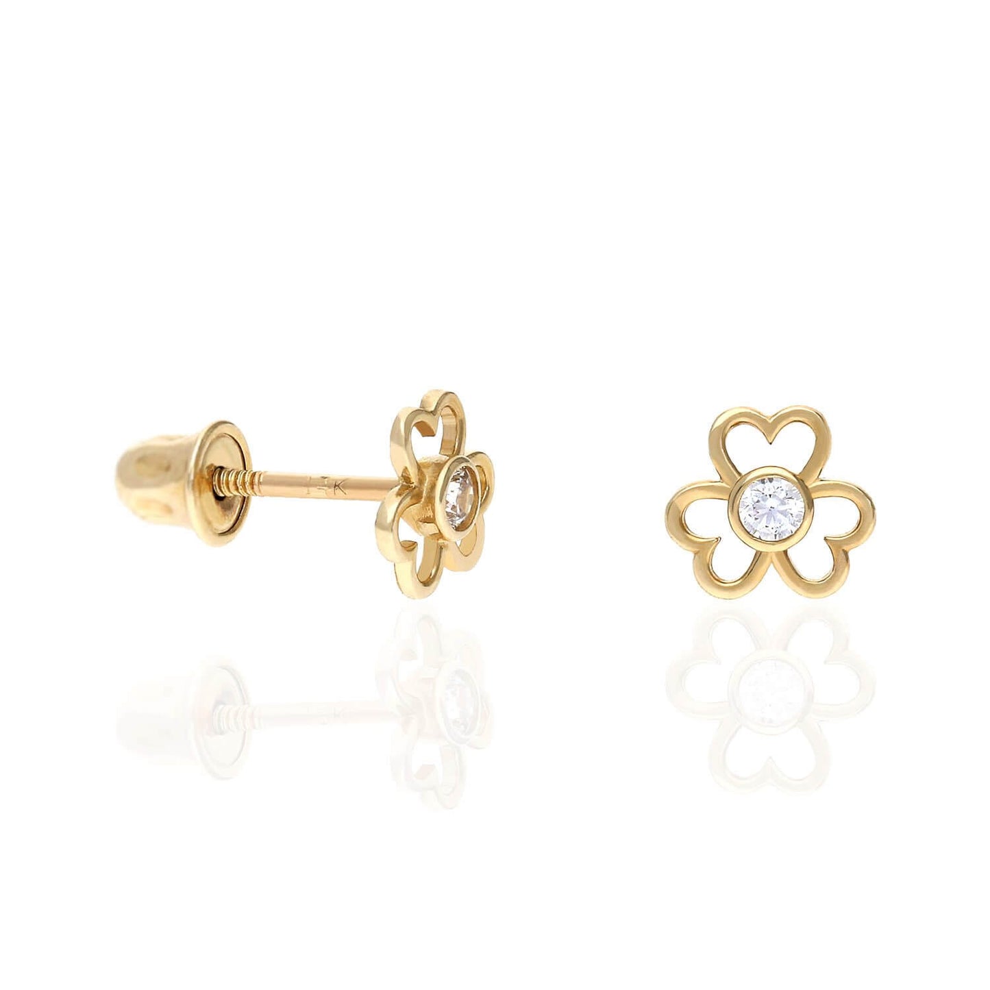 14K Yellow Gold Color Birthstone Open Flower Kids Screw Back Stud Earrings