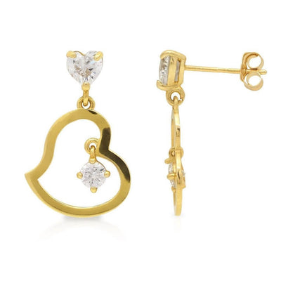 1Ct Created Diamond Heart Shape Dangle Earrings 14K Real Yellow Gold 0.8"