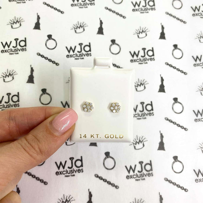 Real 14K Gold 0.80CTW Round CZ Flower Cluster Stud Earrings 6mm