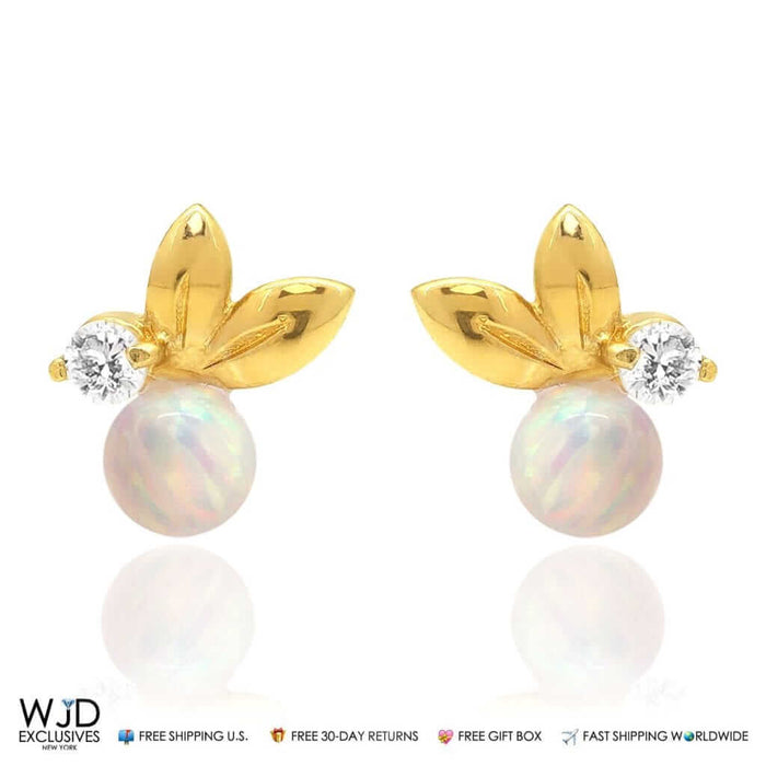 0.05Ct CZ White Fire Opal Leaf Ball Stud Earrings 14K Yellow Gold