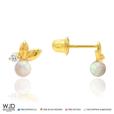 0.05Ct CZ White Fire Opal Leaf Ball Stud Earrings 14K Yellow Gold
