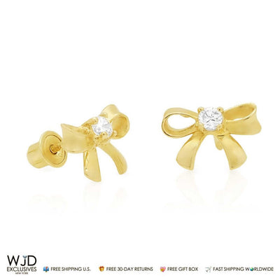 14K Yellow White Gold CZ Bow Screw Back Stud Earrings