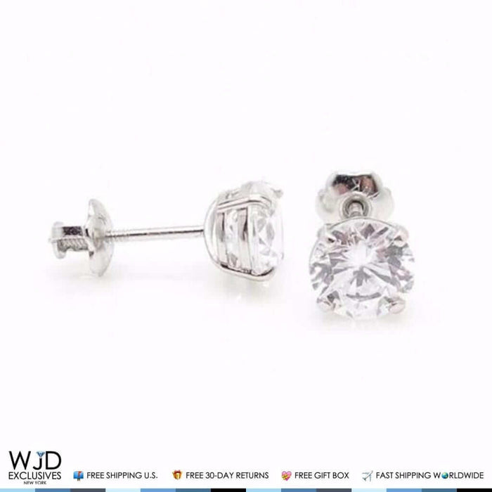 2Ct Round-Cut CZ Screw Back Stud 6mm Earrings 14K White Gold
