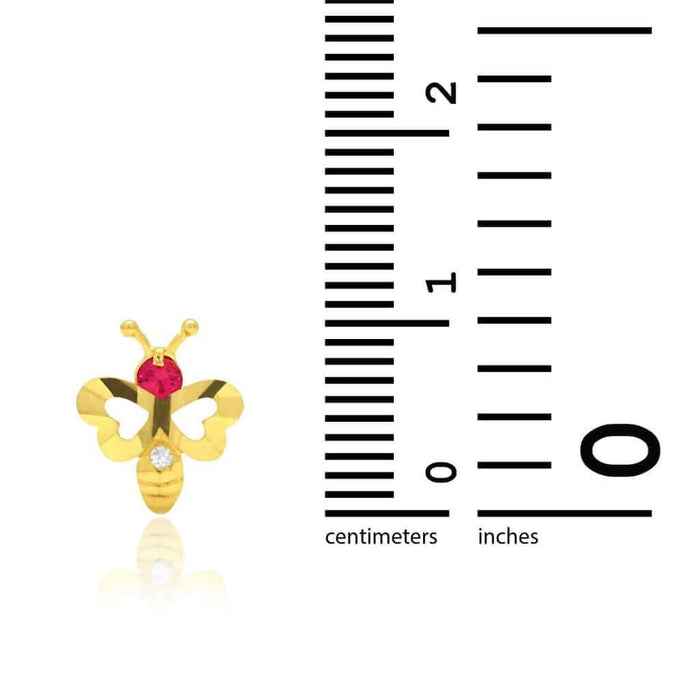 0.10Ct CZ Ruby 14K Yellow Bee Gold Stud Earrings 0.4"