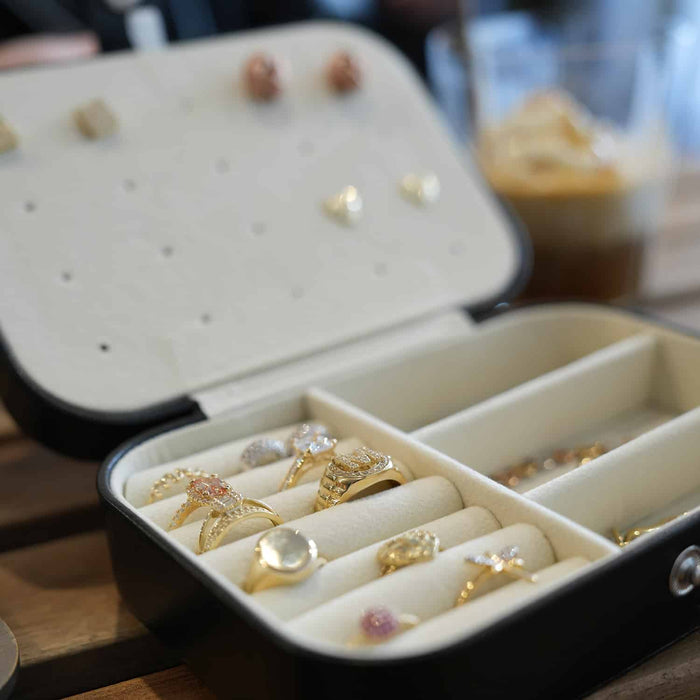 Compact PU Leather Double Layer Jewelry Organizer Box Portable Black Travel Case - WJD Exclusives