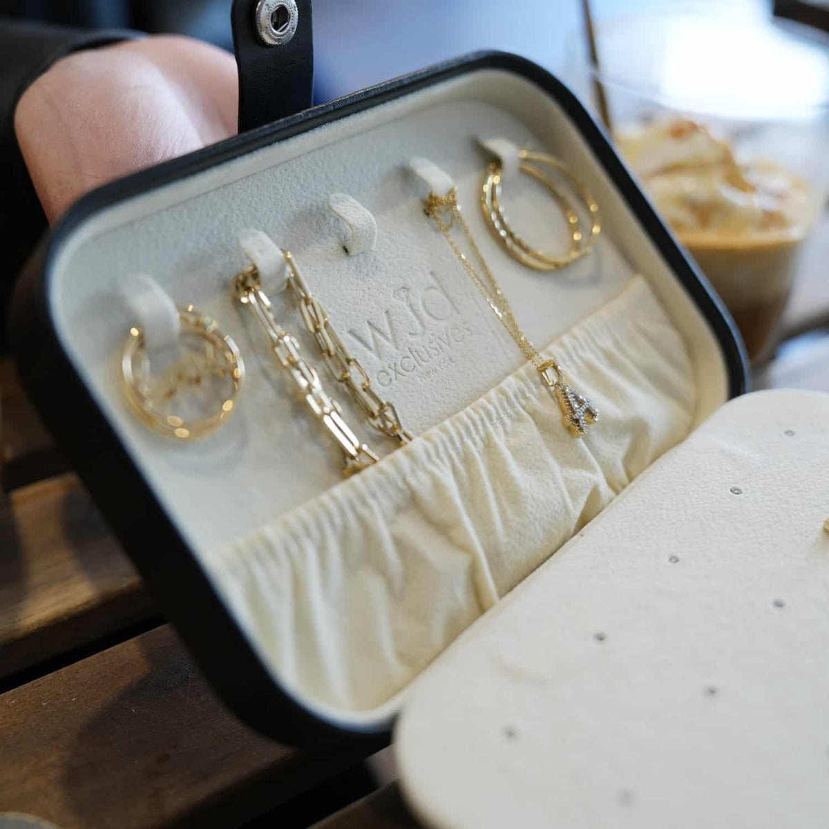 Compact PU Leather Double Layer Jewelry Organizer Box Portable Black Travel Case - WJD Exclusives