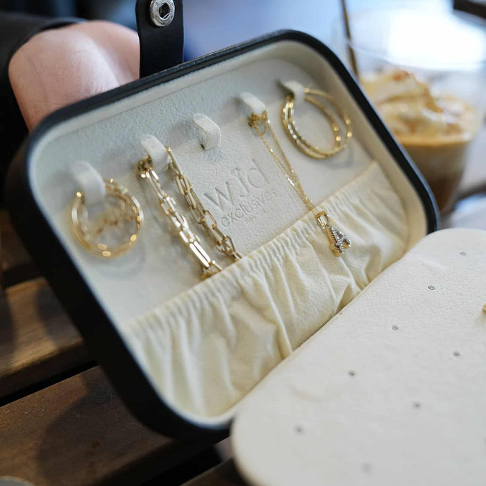Compact PU Leather Double Layer Jewelry Organizer Box Portable Black Travel Case - WJD Exclusives