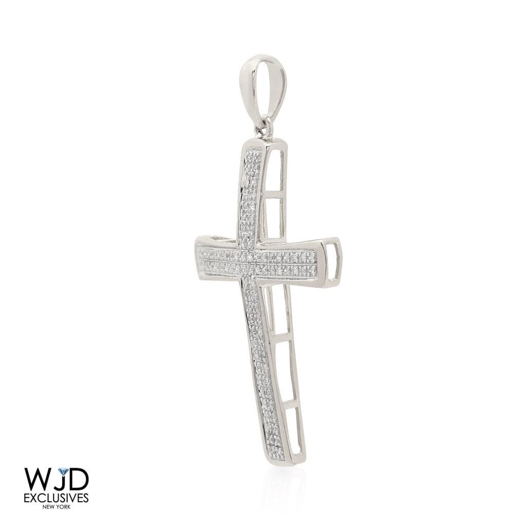 0.20Ct Real Diamond 10k Solid White Gold Religious Cross Pendant 1.4"