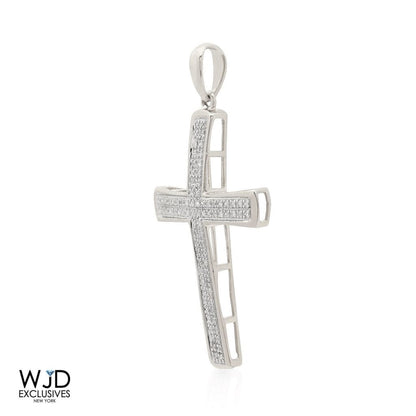 0.20Ct Real Diamond 10k Solid White Gold Religious Cross Pendant 1.4"