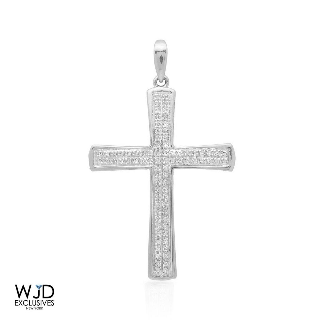 0.20Ct Real Diamond 10k Solid White Gold Religious Cross Pendant 1.4"