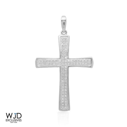 0.20Ct Real Diamond 10k Solid White Gold Religious Cross Pendant 1.4"