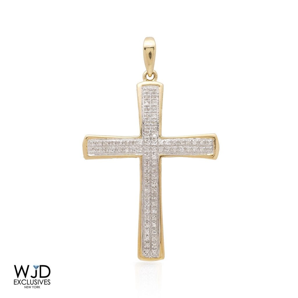 0.20Ct Real Diamond 10k Solid Yellow Gold Cross Religious Pendant 1.4"