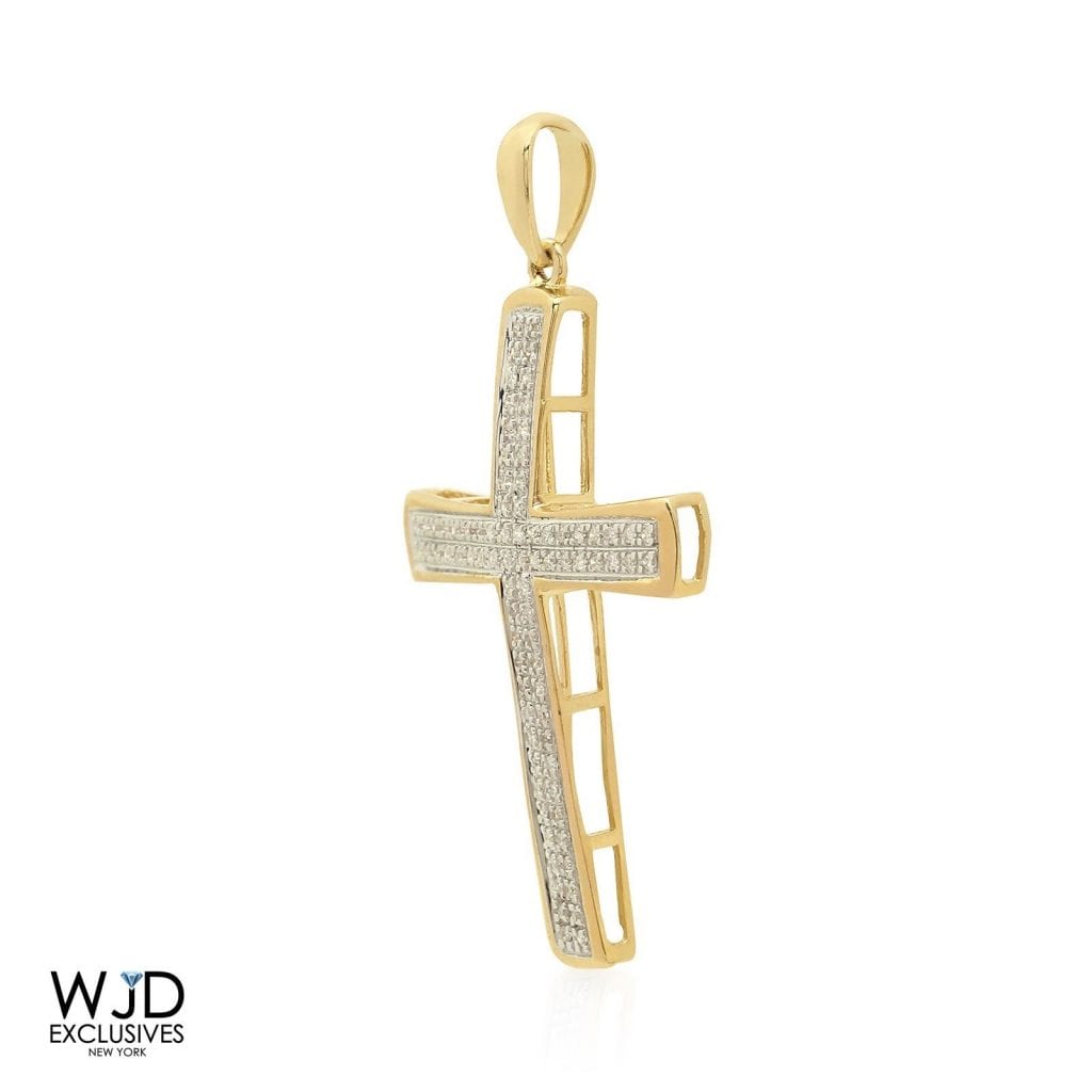 0.20Ct Real Diamond 10k Solid Yellow Gold Cross Religious Pendant 1.4"