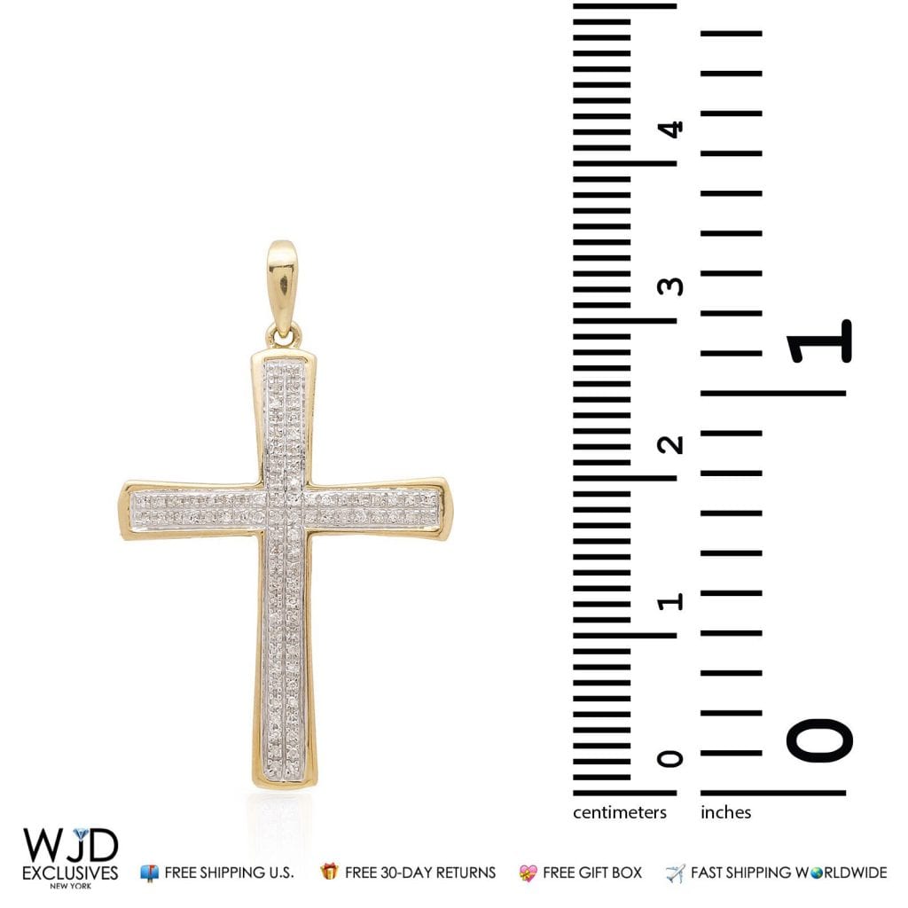 0.20Ct Real Diamond 10k Solid Yellow Gold Cross Religious Pendant 1.4"
