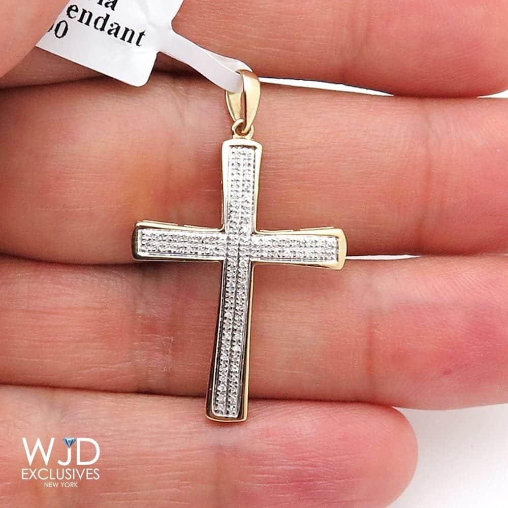 0.20Ct Real Diamond 10k Solid Yellow Gold Cross Religious Pendant 1.4"